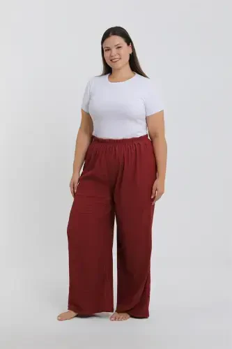 Akbeniz Women's Plus Size Burgundy Relaxed Fit Baggy Single Bottom - 4