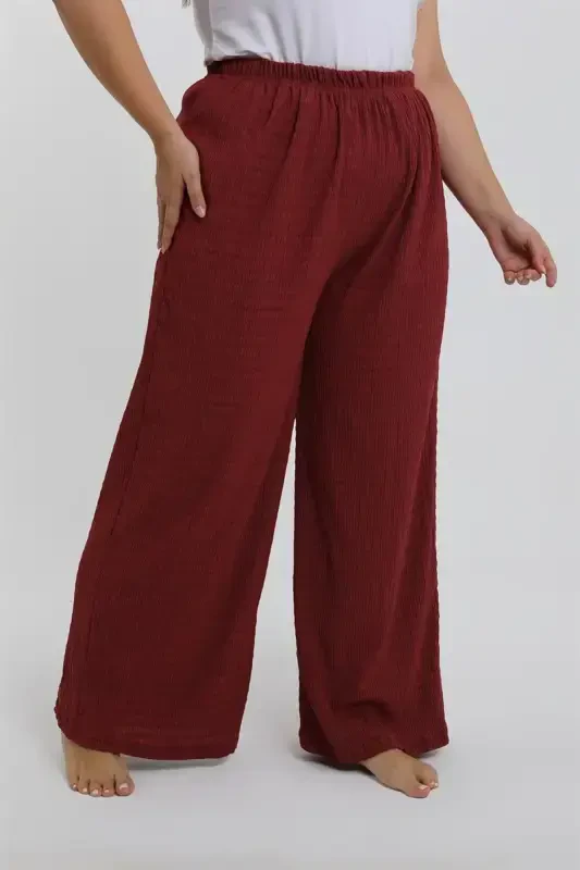 Akbeniz Women's Plus Size Burgundy Relaxed Fit Baggy Single Bottom - 6