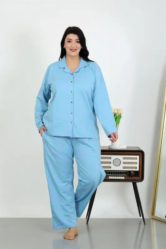 Akbeniz Women's Plus Size Cotton Pocket Button Blue Pajama Set 202504 - 1