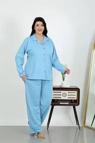 Akbeniz Women's Plus Size Cotton Pocket Button Blue Pajama Set 202504 - AKBENIZ (1)