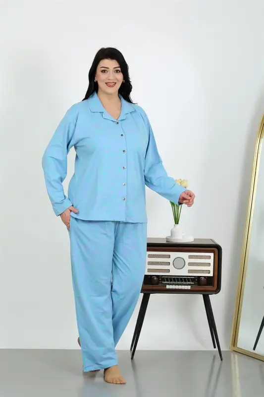 Akbeniz Women's Plus Size Cotton Pocket Button Blue Pajama Set 202504 - 2