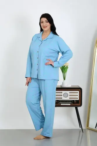 Akbeniz Women's Plus Size Cotton Pocket Button Blue Pajama Set 202504 - 4