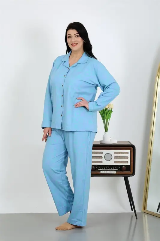 Akbeniz Women's Plus Size Cotton Pocket Button Blue Pajama Set 202504 - 4