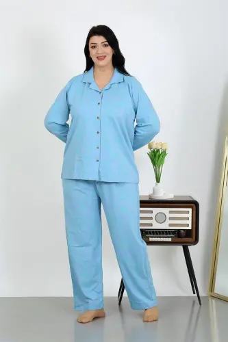 Akbeniz Women's Plus Size Cotton Pocket Button Blue Pajama Set 202504 - 5