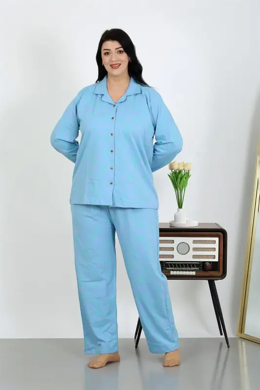 Akbeniz Women's Plus Size Cotton Pocket Button Blue Pajama Set 202504 - 5