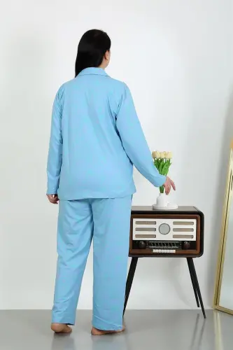 Akbeniz Women's Plus Size Cotton Pocket Button Blue Pajama Set 202504 - 6