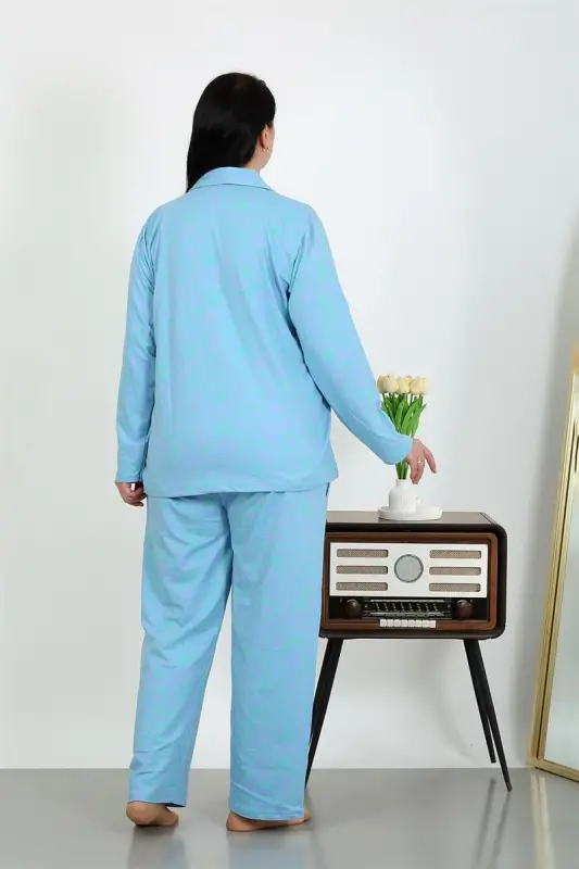 Akbeniz Women's Plus Size Cotton Pocket Button Blue Pajama Set 202504 - 6
