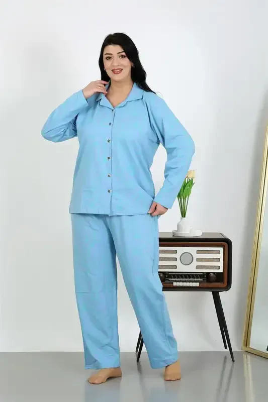Akbeniz Women's Plus Size Cotton Pocket Button Blue Pajama Set 202504 - 3