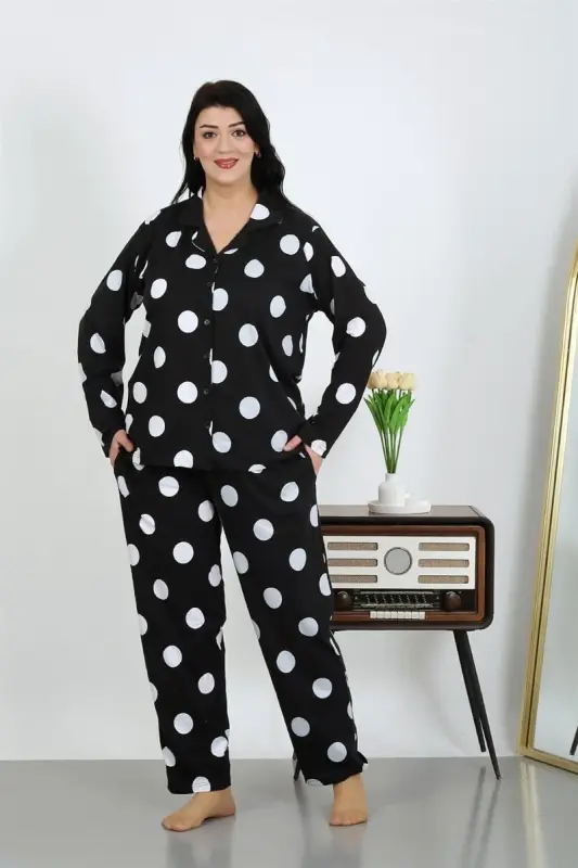 Akbeniz Women's Plus Size Cotton Pocket Buttoned Black Pajama Set 202504 - AKBENIZ