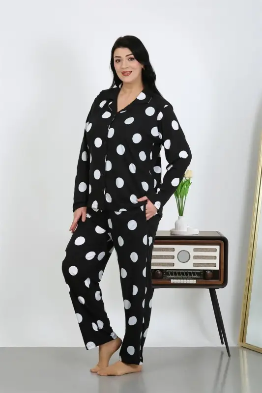 Akbeniz Women's Plus Size Cotton Pocket Buttoned Black Pajama Set 202504 - 3
