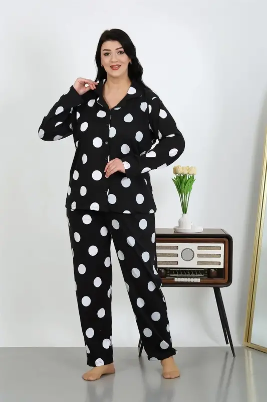 Akbeniz Women's Plus Size Cotton Pocket Buttoned Black Pajama Set 202504 - 4