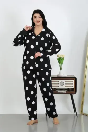 Akbeniz Women's Plus Size Cotton Pocket Buttoned Black Pajama Set 202504 - 4