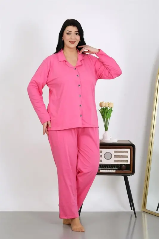Akbeniz Women's Plus Size Cotton Pocket Buttoned Pink Pajama Set 202504 - 4