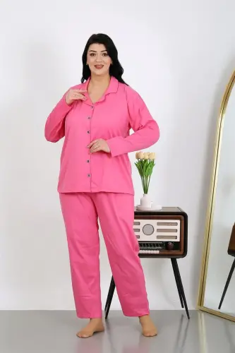 Akbeniz Women's Plus Size Cotton Pocket Buttoned Pink Pajama Set 202504 - 5