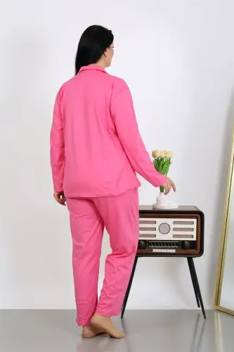 Akbeniz Women's Plus Size Cotton Pocket Buttoned Pink Pajama Set 202504 - 6