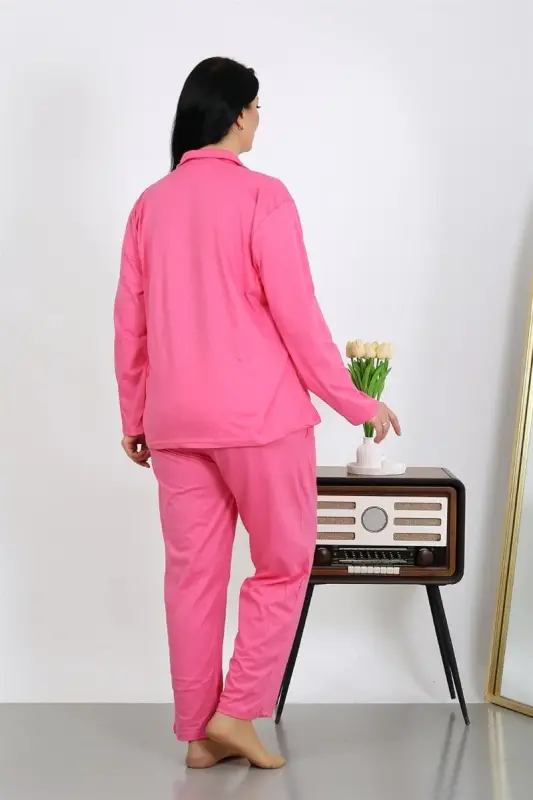 Akbeniz Women's Plus Size Cotton Pocket Buttoned Pink Pajama Set 202504 - 6