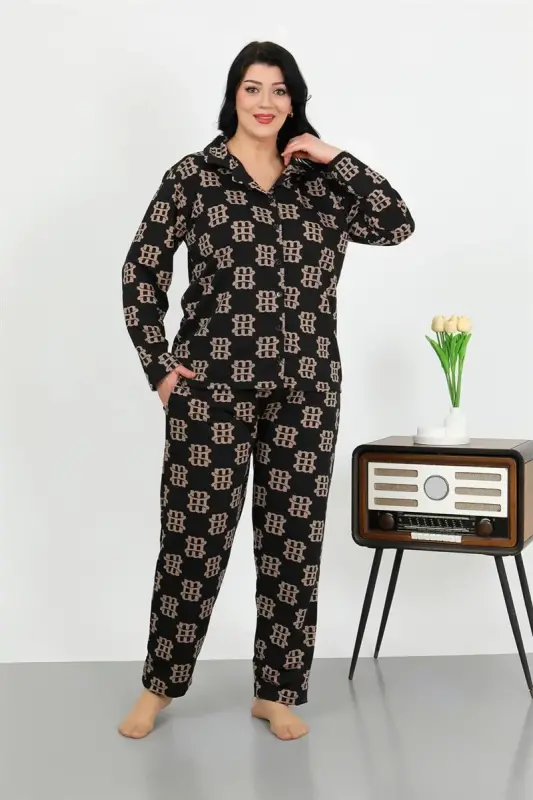 Akbeniz Women's Plus Size Cotton Pocketed Buttoned Black Pajamas Set 202506 - AKBENIZ