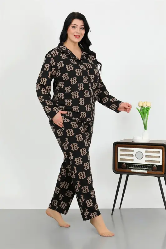 Akbeniz Women's Plus Size Cotton Pocketed Buttoned Black Pajamas Set 202506 - 2