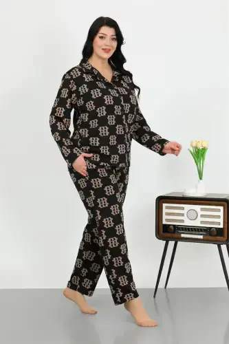 Akbeniz Women's Plus Size Cotton Pocketed Buttoned Black Pajamas Set 202506 - AKBENIZ (1)