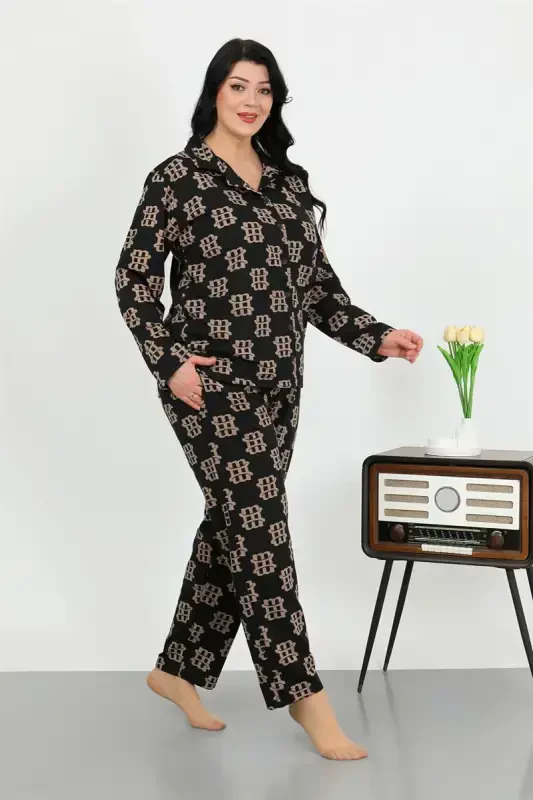 Akbeniz Women's Plus Size Cotton Pocketed Buttoned Black Pajamas Set 202506 - 2