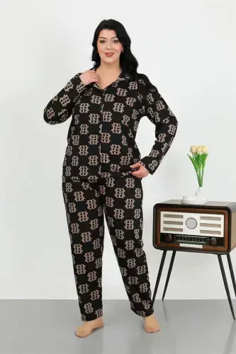 Akbeniz Women's Plus Size Cotton Pocketed Buttoned Black Pajamas Set 202506 - 3