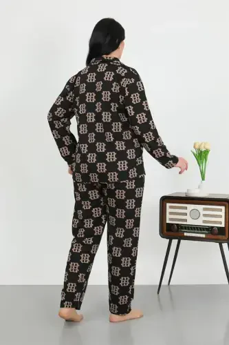 Akbeniz Women's Plus Size Cotton Pocketed Buttoned Black Pajamas Set 202506 - 4