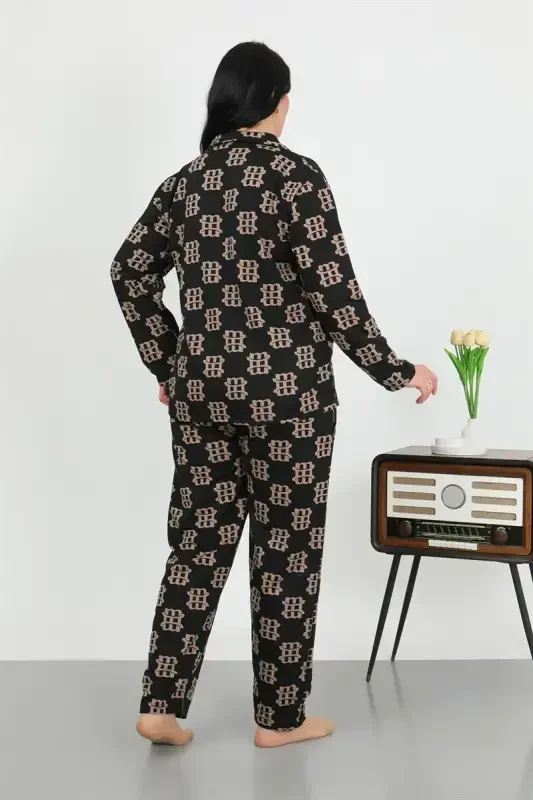 Akbeniz Women's Plus Size Cotton Pocketed Buttoned Black Pajamas Set 202506 - 4