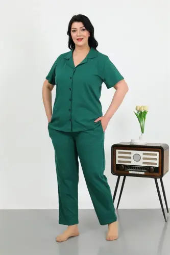Akbeniz Women's Plus Size Cotton Pocketed Buttoned Emerald Green Pajamas Set 202507 