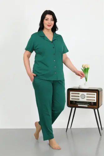 Akbeniz Women's Plus Size Cotton Pocketed Buttoned Emerald Green Pajamas Set 202507 - 3