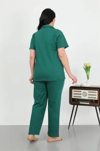 Akbeniz Women's Plus Size Cotton Pocketed Buttoned Emerald Green Pajamas Set 202507 - 4