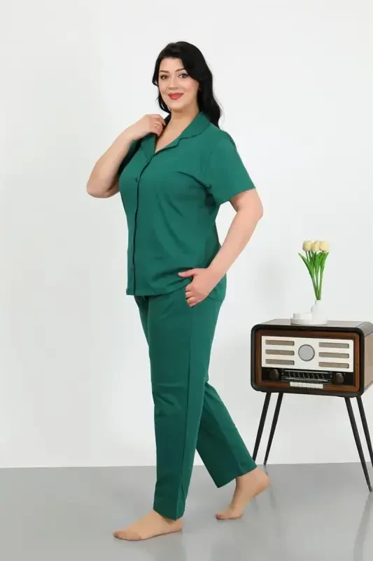 Akbeniz Women's Plus Size Cotton Pocketed Buttoned Emerald Green Pajamas Set 202507 - 2