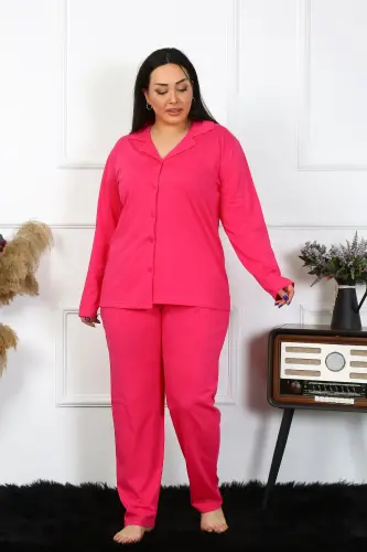 Akbeniz Women's Plus Size Cotton Pocketed Buttoned Fuchsia Pajama Set 202401 - 3