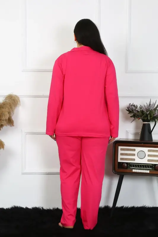 Akbeniz Women's Plus Size Cotton Pocketed Buttoned Fuchsia Pajama Set 202401 - 4