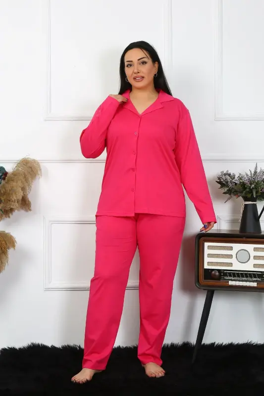 Akbeniz Women's Plus Size Cotton Pocketed Buttoned Fuchsia Pajama Set 202401 - 5