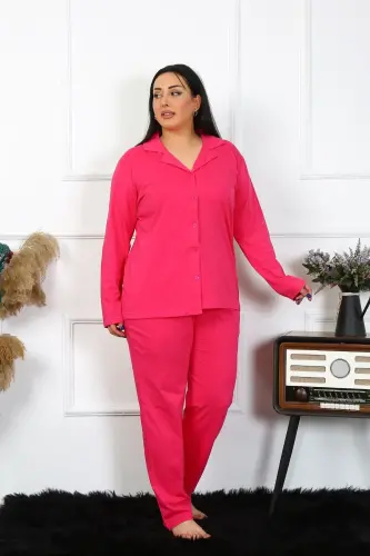 Akbeniz Women's Plus Size Cotton Pocketed Buttoned Fuchsia Pajama Set 202401 - 6