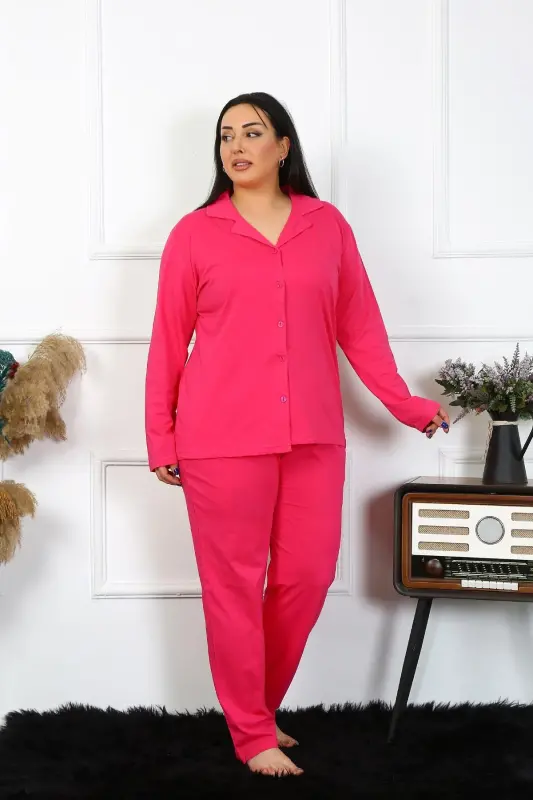 Akbeniz Women's Plus Size Cotton Pocketed Buttoned Fuchsia Pajama Set 202401 - 6