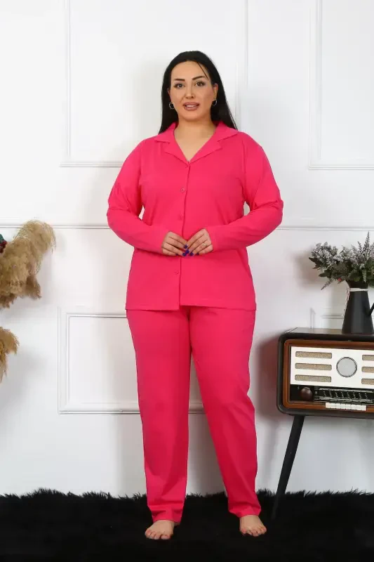 Akbeniz Women's Plus Size Cotton Pocketed Buttoned Fuchsia Pajama Set 202401 - Modazone