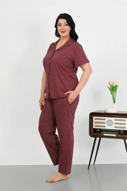 Akbeniz Women's Plus Size Cotton Pocketed Buttoned Purple Pajamas Set 202507 - 2