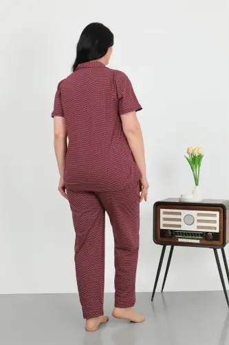 Akbeniz Women's Plus Size Cotton Pocketed Buttoned Purple Pajamas Set 202507 - 4