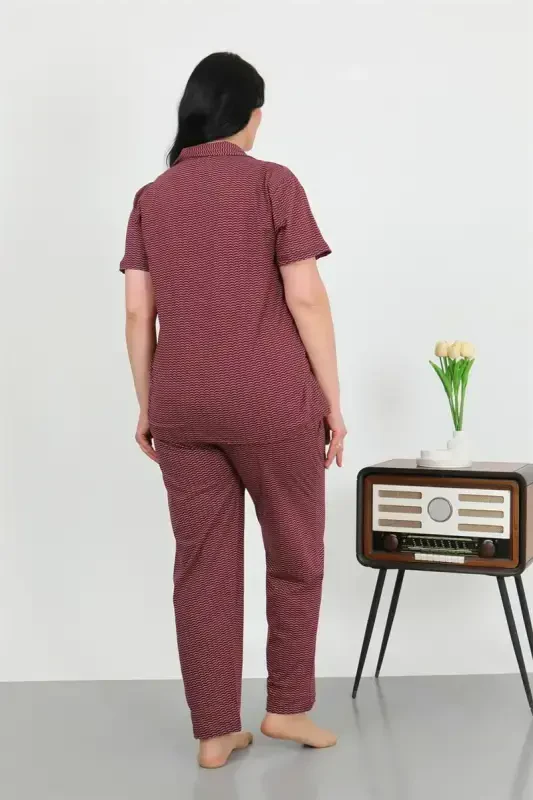 Akbeniz Women's Plus Size Cotton Pocketed Buttoned Purple Pajamas Set 202507 - 4