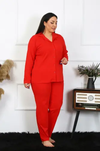 Akbeniz Women's Plus Size Cotton Pocketed Buttoned Red Pajama Set 202401 - 4
