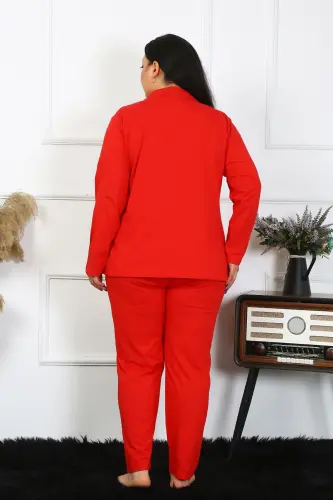 Akbeniz Women's Plus Size Cotton Pocketed Buttoned Red Pajama Set 202401 - 5