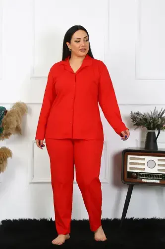 Akbeniz Women's Plus Size Cotton Pocketed Buttoned Red Pajama Set 202401 - 1