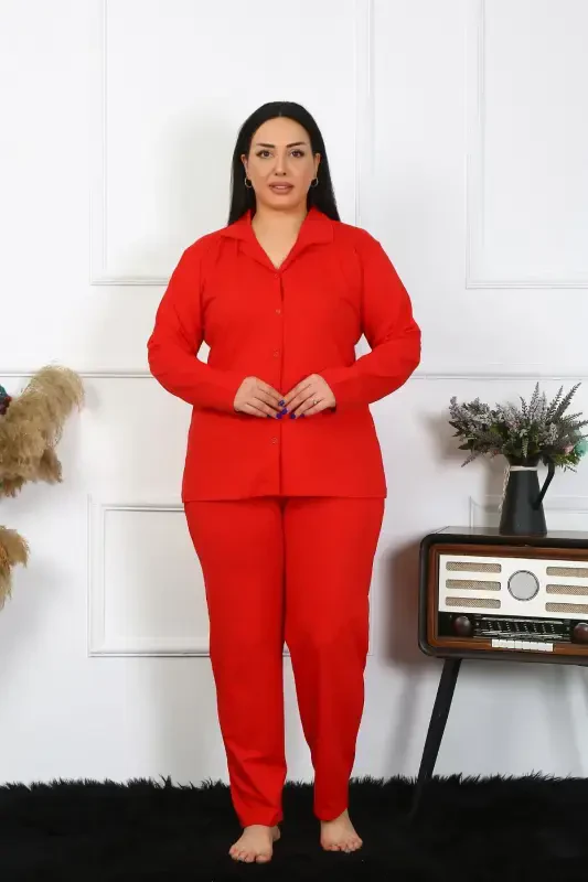 Akbeniz Women's Plus Size Cotton Pocketed Buttoned Red Pajama Set 202401 - 2