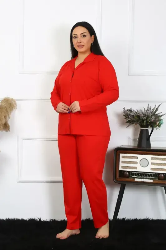 Akbeniz Women's Plus Size Cotton Pocketed Buttoned Red Pajama Set 202401 - 3
