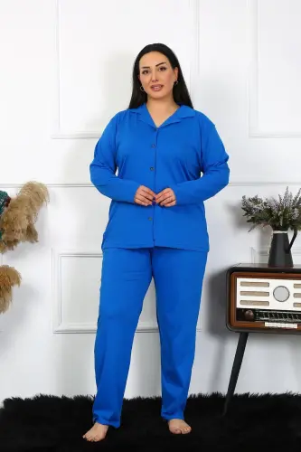 Akbeniz Women's Plus Size Cotton Pocketed Buttoned Sax Pajama Set 202401 