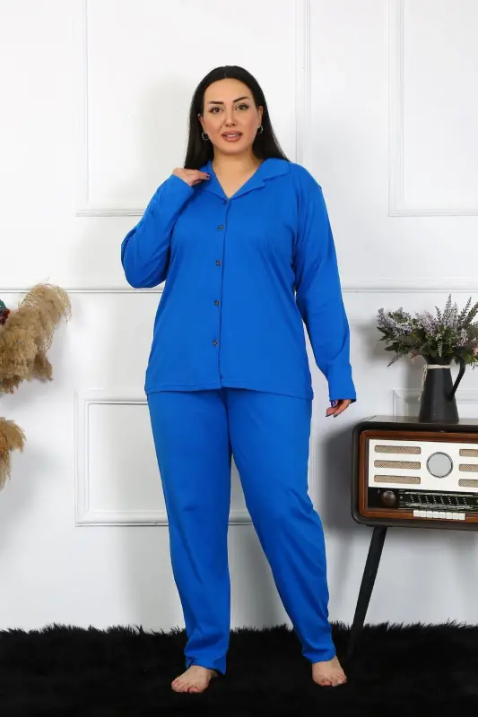 Akbeniz Women's Plus Size Cotton Pocketed Buttoned Sax Pajama Set 202401 - 3