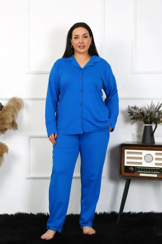 Akbeniz Women's Plus Size Cotton Pocketed Buttoned Sax Pajama Set 202401 - 4