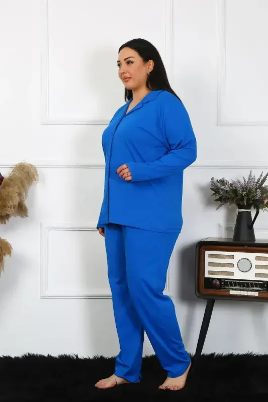 Akbeniz Women's Plus Size Cotton Pocketed Buttoned Sax Pajama Set 202401 - 2