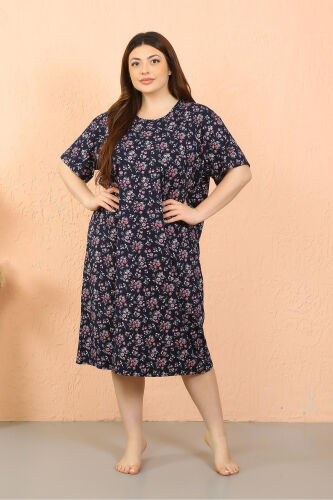 Akbeniz Women's Plus Size Cotton Short Sleeve Navy Blue Nightgown 12503 - Modazone